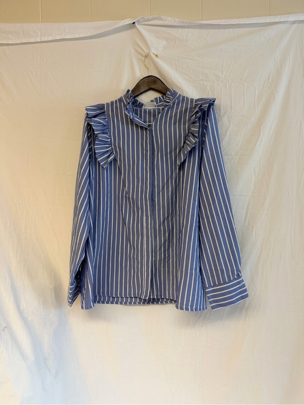First Love Blue and White Striped Ruffle Shoulder Blouse